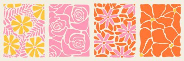 Retro Groovy Çiçek Arkaplanı Seti. 70 'lerin modasına uygun soyut doğa modeli. Boho Colful Groovy Psychedelic Vintage Geçmişi. Grafiksel Eğlenceli Hippi