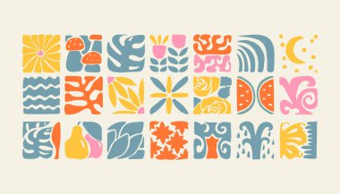 Renkli bauhaus bitkileri, fayanslarda doğal geometrik desen, çiçekli dekoratif soyut sanat, yapraklar, meyveler, afişler, duvar kağıtları