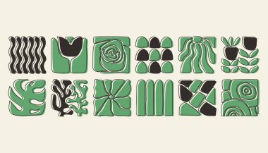 Bauhaus bitkileri, karolardaki doğal monokrom deseni, çiçekli dekoratif soyut sanat, yapraklar, meyveler, sebzeler, taşlar, afiş, duvar kağıdı