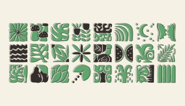 Bauhaus bitkileri, karolardaki doğal monokrom deseni, çiçekli dekoratif soyut sanat, yapraklar, meyveler, sebzeler, taşlar, afiş, duvar kağıdı