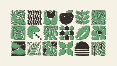 Bauhaus bitkileri, karolardaki doğal monokrom deseni, çiçekli dekoratif soyut sanat, yapraklar, meyveler, sebzeler, taşlar, afiş, duvar kağıdı