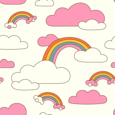 Çocuk odası ve bebek modası için Retro-Groovy yaz gökyüzü tasarımı. Bulutlu çocuksu gökkuşakları. Y2k vektörünü birleştir