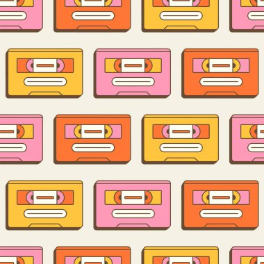 Retro kaset kusursuz desen. 90 'lar, 80' ler, 70 'ler tarzında klasik ses kasetleri. Kaydetmek için çeşitli renkli eski kasetler. Eski moda konsept. Müzik geçmişi. Vektör illüstrasyonu