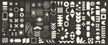 100 tane vahşi, soyut geometrik element, vahşi çağdaş figür, İsviçre tasarımı, Bauhaus memphis şekilleri ve ızgaraları, izole edilmiş, siyah ve beyaz