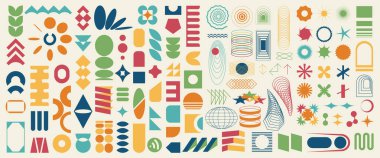 100 tane vahşi, soyut geometrik elementten oluşan büyük bir set vahşi çağdaş figür, İsviçre tasarımı, Bauhaus memphis şekilleri ve ışık arkaplan şebekeleri, izole edilmiş