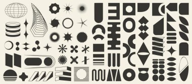 Gaddar geometrik elementler kümesi, vahşi çağdaş figür, İsviçre tasarımı, Bauhaus memphis şekilleri ve ışık arka planları, izole edilmiş, siyah ve beyaz
