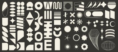 Gaddar geometrik elementler kümesi, vahşi çağdaş figür, İsviçre tasarımı, Bauhaus memphis şekilleri ve ışık arka planları, izole edilmiş, siyah ve beyaz