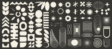 Gaddar geometrik elementler kümesi, vahşi çağdaş figür, İsviçre tasarımı, Bauhaus memphis şekilleri ve ışık arka planları, izole edilmiş, siyah ve beyaz