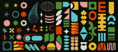 Gaddar geometrik elementler, vahşi çağdaş figür, İsviçreli tasarımı, Bauhaus memphis şekilleri ve ızgaraları karanlık arka planlar, izole edilmiş.