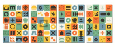 Renkli soyut şekiller geometrik poster kalıpları. Acımasız kartpostal, modaya uygun retro bauhaus tarzında döşeme deseni. İsviçre tasarımı estetik, afiş, duvar kağıdı
