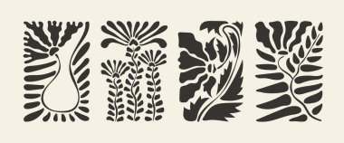 Soyut Bauhaus doğal çiçek posterleri, modaya uygun geometrik çiçek şekilleri, çağdaş doğa dekoratif şablonlar, el çizimi kartpostallar.