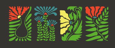 Soyut Bauhaus doğal çiçek posterleri, modaya uygun geometrik çiçek şekilleri, çağdaş doğa dekoratif şablonlar, el çizimi kartpostallar.