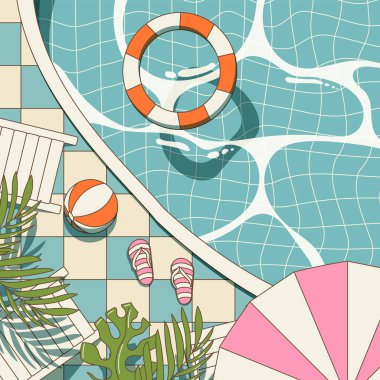 Şirin çizgi film tarzında yüzme havuzu, güzel manzara, düz yaz çizimi, otel tatili konsepti.