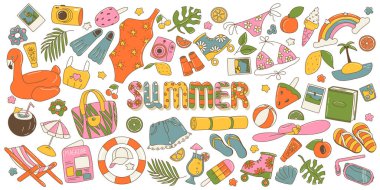 Kocaman, şirin bir çıkartma seti. Kıyafetler, meyveler, içecekler, dondurmalar, kameralar, mayolar, balo, kitap vs. Havalı, renkli çizgi film çizimi. Taslak çizimli, izole.