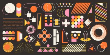 Orijinal modern grafik geometrik elementler kümesi, çağdaş soyut şekiller, modaya uygun minimalist baskıların retro koleksiyonu