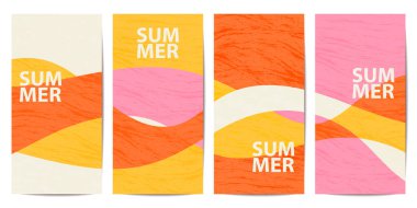 Soyut dikey yaz afişi, modaya uygun geometrik arkaplan, desenli retro poster seti, kart, hikayeler, el ilanı