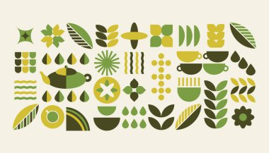 Soyut geometrik çay desenli arka plan. Doğal organik bitki şekilleri, çay dükkanı menüsü konsepti. Vektör Bauhaus illüstrasyonu