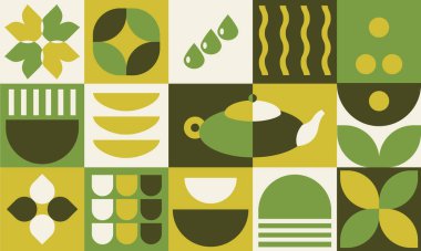 Çay temalı desen. Geometrik baskı, soyut şekilli pankart, bardak, demlik, çay yaprakları, su. Kapak tasarımı, yemek paketi, menü, arkaplan, kafe duvarı, kahve dükkanı, çay dükkanı