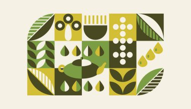 Çay temalı desen. Geometrik baskı, soyut şekilli pankart, bardak, demlik, çay yaprakları, su. Kapak tasarımı, yemek paketi, menü, arkaplan, kafe duvarı, kahve dükkanı, çay dükkanı