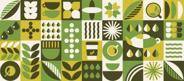 Soyut geometrik çay desenli arka plan. Doğal organik bitki şekilleri, çay dükkanı menüsü konsepti. Vektör Bauhaus illüstrasyonu