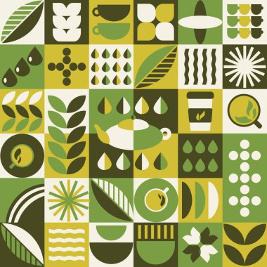 Soyut geometrik çay desenli arka plan. Doğal organik bitki şekilleri, çay dükkanı menüsü konsepti. Vektör Bauhaus illüstrasyonu