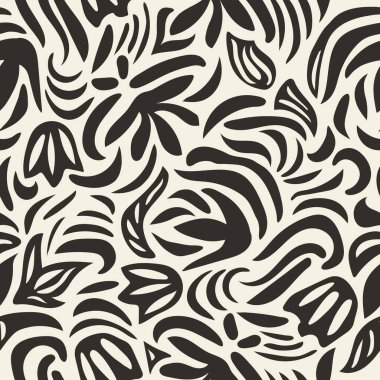 Siyah ve beyaz el, en az soyut organik şekiller, kusursuz desenler çizdi. Çağdaş baskı kolajı. Tasarım için modaya uygun şablon