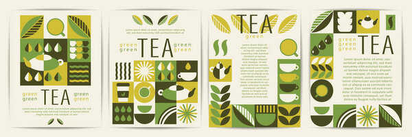 Абстрактный монохромный плакат Nature Tea Geometry: набор из четырех привлекательных дизайнов к Международному дню чая и зеленого цвета. Дизайн для социальных медиа, обложка, брошюра