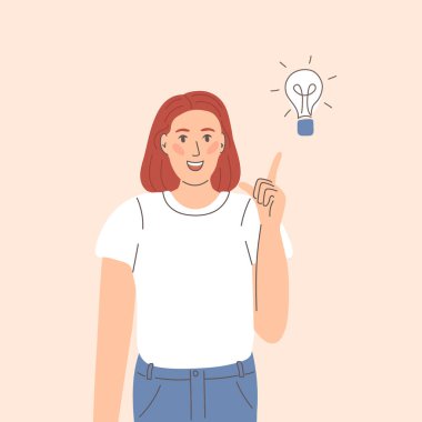 Fikir, çözüm konsepti. Parlak ampullü mutlu yaratıcı karakter, eureka. Yeni anlayış, düşünce, yenilik. Ampul sembolü. Düz vektör çizimi beyaz arkaplanda izole edildi