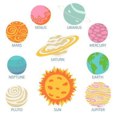 Güneş ve Güneş 'in basit gezegenleri. Uzayda çok güzel gök cisimleri. Galaksideki yörüngelerinde sevimli astronomik nesneler. Beyaz arkaplanda izole edilmiş düz çizgi film çizimi