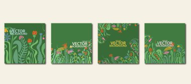 Dört kare soyut sosyal medya seti, kartpostal, poster şablonları, çiçekler ve fotokopi alanı, modern boho tarzı.