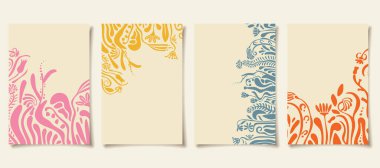 Dört dikey soyut çiçek kartpostal seti, poster şablonları, çiçekler ve kopya alanı, modern tarzda doğal botanik arka plan