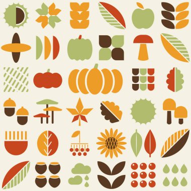 Büyük sonbahar sonbahar sonbahar şekilleri, geometrik bauhaus tasarım için minimalist elementler, çağdaş doğal organik hasat vektörü arka planı