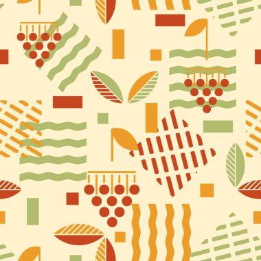 Sonbahar soyut geometrik doğal Bauhaus kusursuz desen, böğürtlenlerle çevrilebilir arka plan 