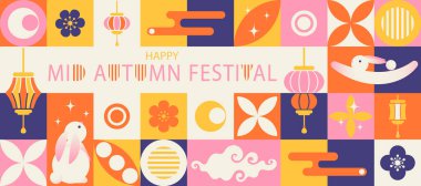 Sonbahar ortası festivali geometrik Bauhaus tarzı poster, arkaplan, pankart, çiçekler, tavşanlar, Çin fenerleri