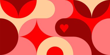 Romantik vektör soyut geometrik arka plan, kalpleri, daireleri, dikdörtgenleri ve kareleri retro İskandinav tarzında. Kırmızı renkli basit şekiller grafik desenler. Soyut mozaik sanat eserleri.