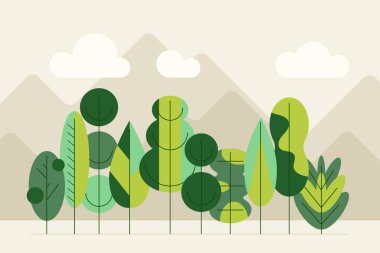 Yeşil ağaçlar geometrik olarak sınırlıdır. Orman bitkileri sıraya dizildi. Karışık ahşap panorama, stilize edilmiş şort ve taçlarla. Düz vektör Bauhaus Orman 'ın soyut çizimi