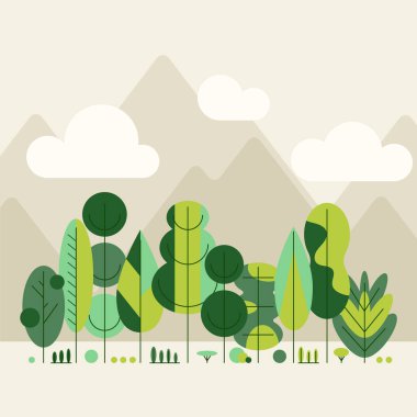 Yeşil ağaçlar geometrik olarak sınırlıdır. Orman bitkileri sıraya dizildi. Karışık ahşap panorama, stilize edilmiş şort ve taçlarla. Düz vektör Bauhaus Orman 'ın soyut çizimi