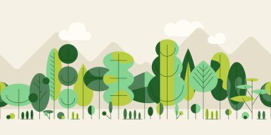 Yeşil ağaçlar Bauhaus 'un geometrik tarzda soyut sınırları. Orman bitkileri sıraya dizildi. Karışık ahşap panorama, stilize edilmiş şort ve taçlarla. Kusursuz yatay desen