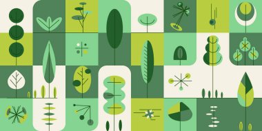 Geometrik soyut doğal yeşil arkaplan fayanslı ağaçlar, çağdaş botanik poster, yatay bahçe afişi