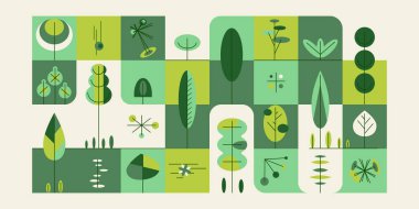 Geometrik soyut doğal yeşil arkaplan fayanslı ağaçlar, çağdaş botanik poster, yatay bahçe afişi