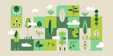 Geometrik soyut doğal yeşil arkaplan fayanslı ağaçlar, çağdaş botanik poster, yatay bahçe afişi