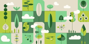 Geometrik soyut doğal yeşil arkaplan fayanslı ağaçlar, çağdaş botanik poster, yatay bahçe afişi