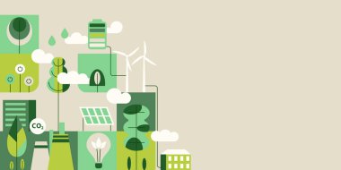 Çevre, Sosyal, Yönetim ve Sürdürülebilirlik Geliştirme kavramı, vektör yatay afişi, düz illüstrasyonlu ekoloji arka planı ve telif alanı