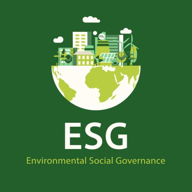 ESG konsept pankartı, üzerinde şehir olan gezegenin yarısı, ekolojik poster, fotokopi alanı olan vektör illüstrasyonu