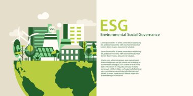 ESG konsept pankartı, üzerinde şehir olan gezegenin yarısı, ekolojik poster, fotokopi alanı olan vektör illüstrasyonu