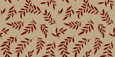 Kusursuz botanik desen, soyut doğa süsü: Yapraklar siluet. Basit çiçek yüzey tasarımı: el çizimi küçük yapraklar, koyu kırmızı arkaplanda bej dallar. 