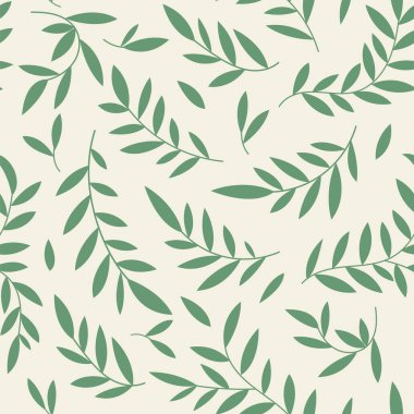 Kusursuz botanik desen, soyut doğa süsü siluet bırakır. Basit bir çiçek desenli el bej arka planda küçük yapraklar ve yeşil dallar çizdi. İki renkte vektör illüstrasyonu