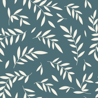 Kusursuz botanik yapraklar, soyut doğa süslemeleri. Basit bir çiçek dizaynı, mavi arka planda dallar. İki renkte vektör illüstrasyonu