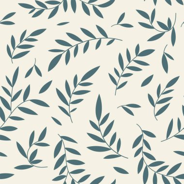 Kusursuz botanik yapraklar, soyut doğa süslemeleri. Basit bir çiçek dizaynı, mavi arka planda dallar. İki renkte vektör illüstrasyonu