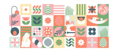 Tavşanlı, yumurtalı ve çiçekli mutlu Paskalya ilkbahar geometrik mozaik kartları. Pastel renklerde vektör illüstrasyonu